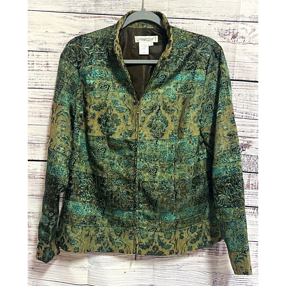 Coldwater Creek Tapestry Brocade Full Zip Jacket Small Teal Green Jacquard Boho